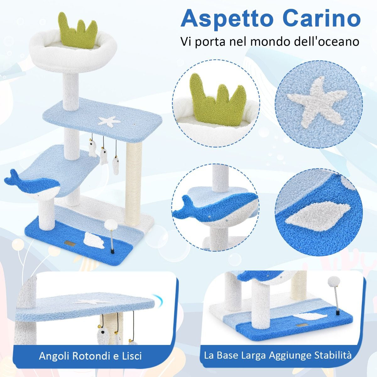 Albero per Gatti a Tema Oceanico Con Pali Tiragraffi Rivestiti in Sisal, Torre per Gatti a 3 Livelli 49X38X86Cm Blu