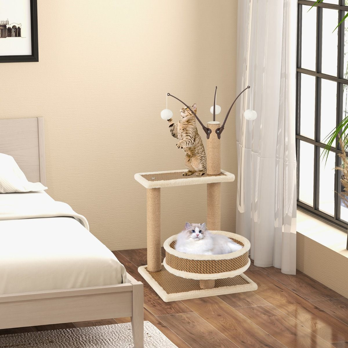 Torre per Gatti Da Interno Con Tappetino in Rattan 3 Giocattoli Pendente Pali Tiragraffi, Albero per Gatti Alto 80Cm