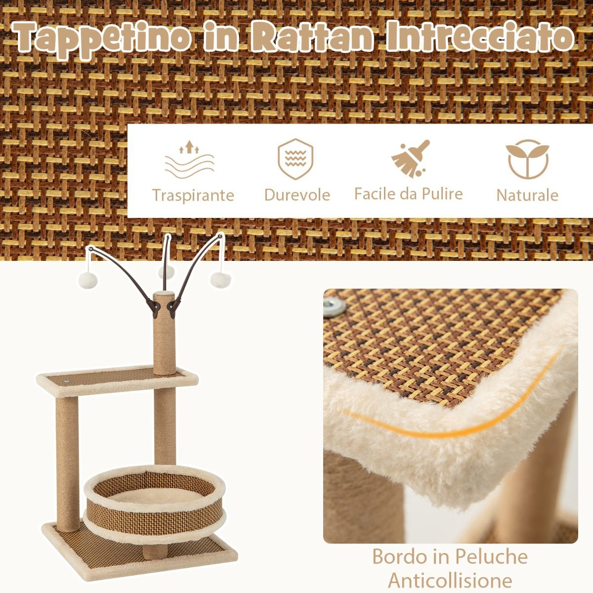 Torre per Gatti Da Interno Con Tappetino in Rattan 3 Giocattoli Pendente Pali Tiragraffi, Albero per Gatti Alto 80Cm