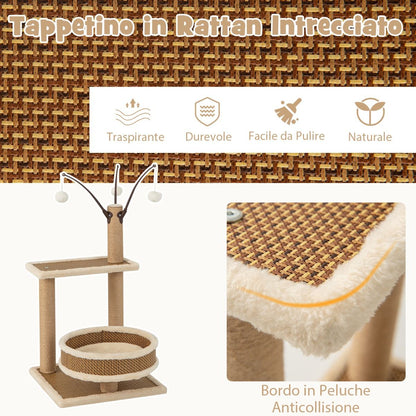 Torre per Gatti Da Interno Con Tappetino in Rattan 3 Giocattoli Pendente Pali Tiragraffi, Albero per Gatti Alto 80Cm