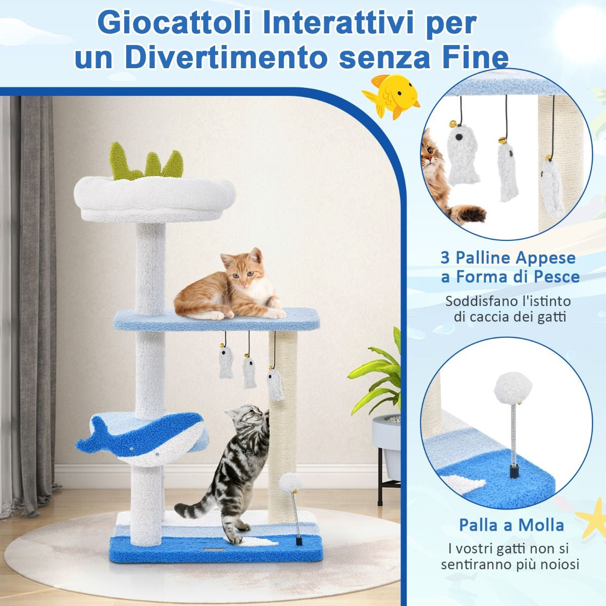 Albero per Gatti a Tema Oceanico Con Pali Tiragraffi Rivestiti in Sisal, Torre per Gatti a 3 Livelli 49X38X86Cm Blu
