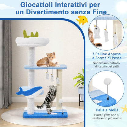 Albero per Gatti a Tema Oceanico Con Pali Tiragraffi Rivestiti in Sisal, Torre per Gatti a 3 Livelli 49X38X86Cm Blu