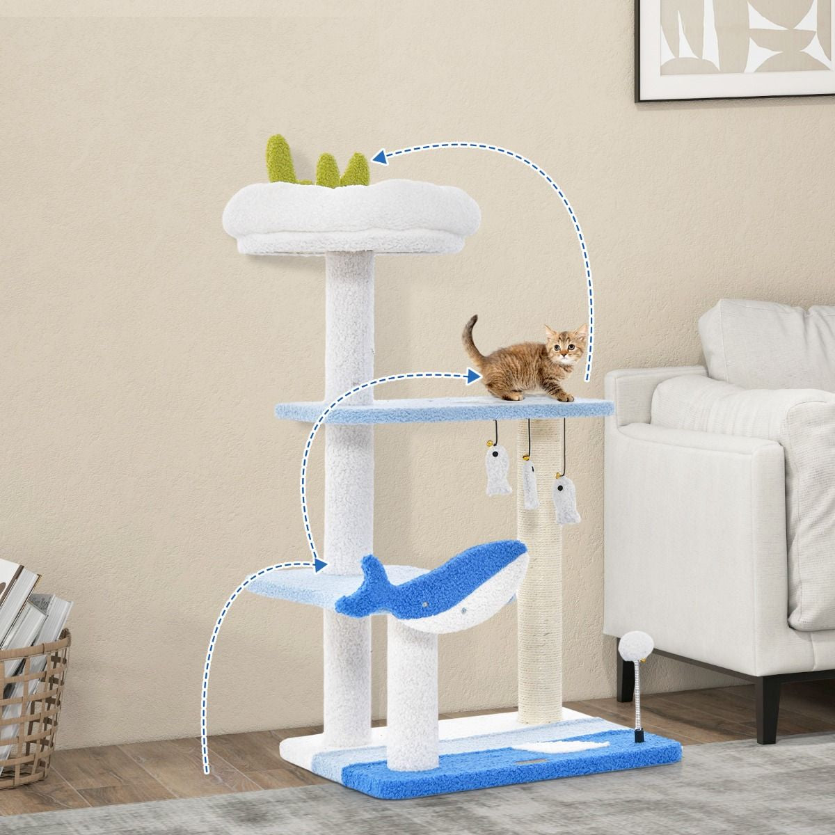 Albero per Gatti a Tema Oceanico Con Pali Tiragraffi Rivestiti in Sisal, Torre per Gatti a 3 Livelli 49X38X86Cm Blu