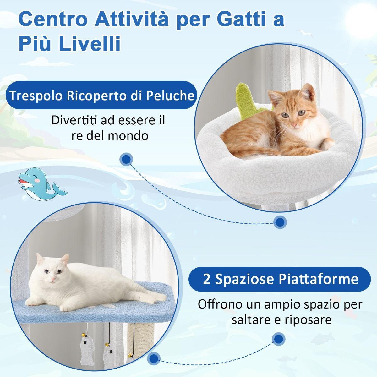Albero per Gatti a Tema Oceanico Con Pali Tiragraffi Rivestiti in Sisal, Torre per Gatti a 3 Livelli 49X38X86Cm Blu