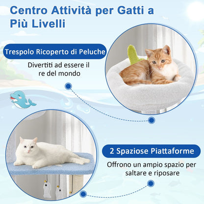 Albero per Gatti a Tema Oceanico Con Pali Tiragraffi Rivestiti in Sisal, Torre per Gatti a 3 Livelli 49X38X86Cm Blu