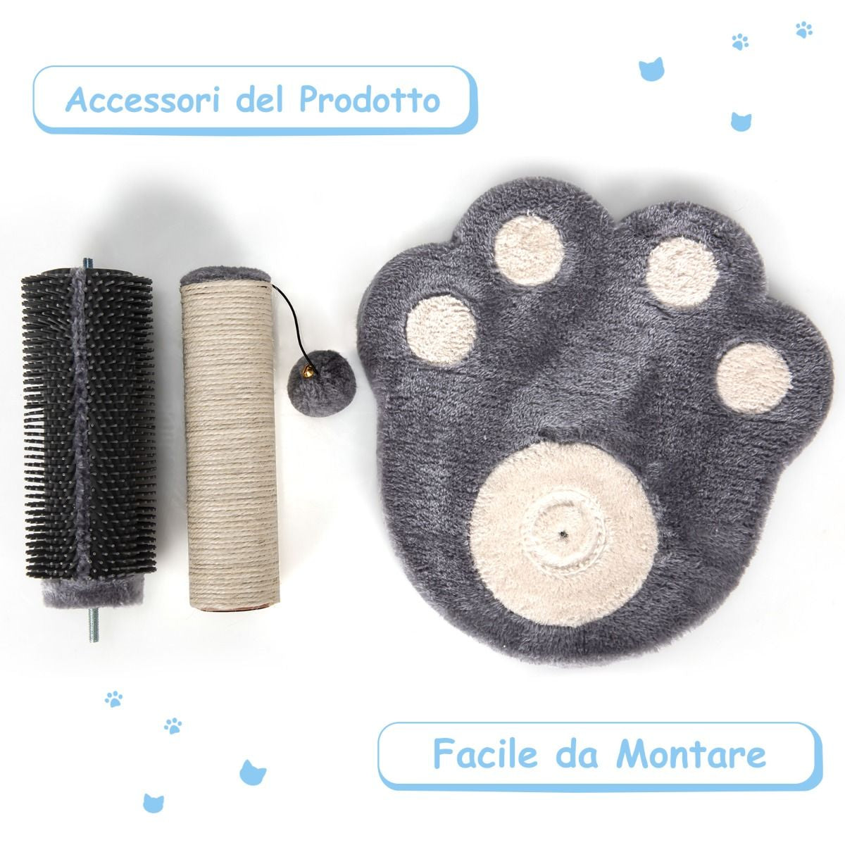 Tiragraffi per Gatti Grandi Adulti a Forma Di Zampa, Albero Tiragraffi Con Piattaforme Amaca 38X38X52Cm Grigio