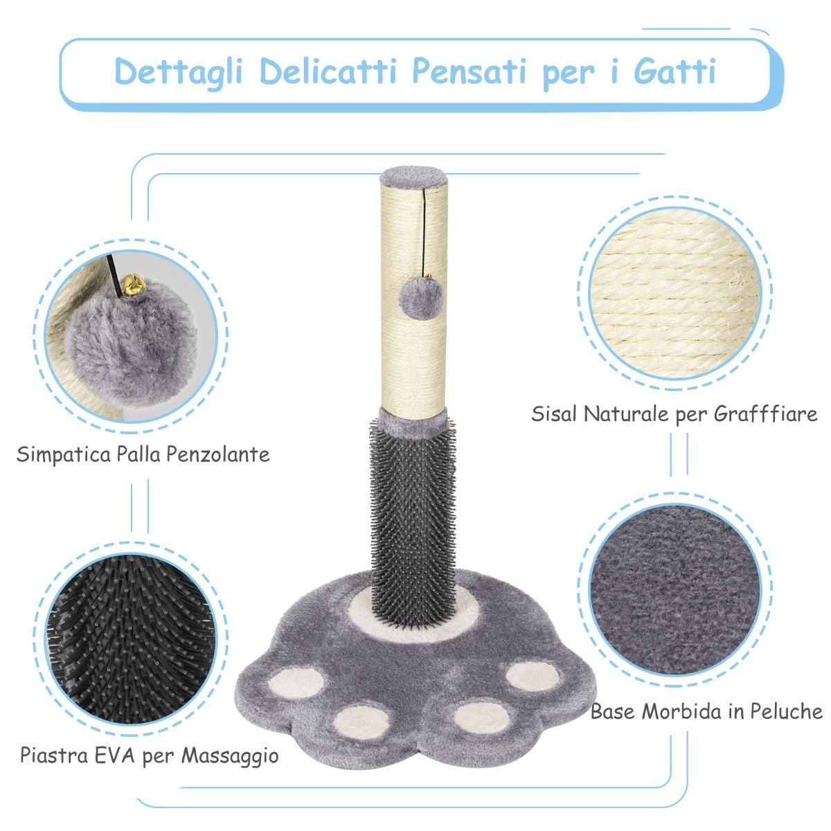 Tiragraffi per Gatti Grandi Adulti a Forma Di Zampa, Albero Tiragraffi Con Piattaforme Amaca 38X38X52Cm Grigio