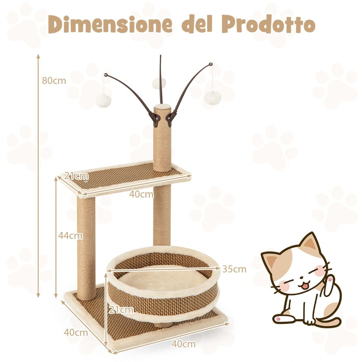 Torre per Gatti Da Interno Con Tappetino in Rattan 3 Giocattoli Pendente Pali Tiragraffi, Albero per Gatti Alto 80Cm