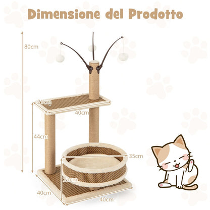 Torre per Gatti Da Interno Con Tappetino in Rattan 3 Giocattoli Pendente Pali Tiragraffi, Albero per Gatti Alto 80Cm