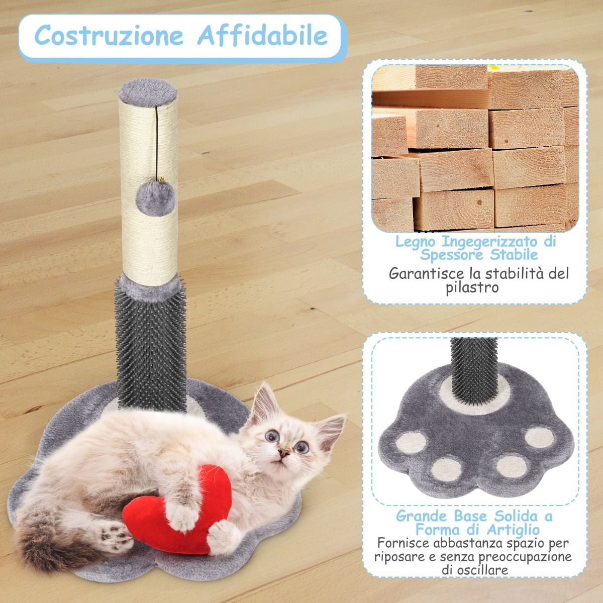 Tiragraffi per Gatti Grandi Adulti a Forma Di Zampa, Albero Tiragraffi Con Piattaforme Amaca 38X38X52Cm Grigio