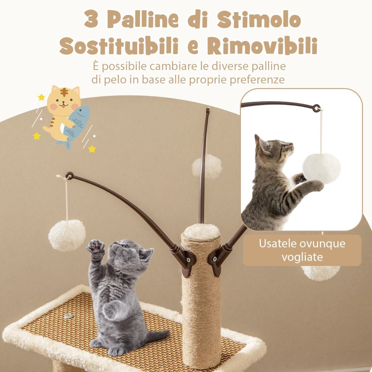 Torre per Gatti Da Interno Con Tappetino in Rattan 3 Giocattoli Pendente Pali Tiragraffi, Albero per Gatti Alto 80Cm
