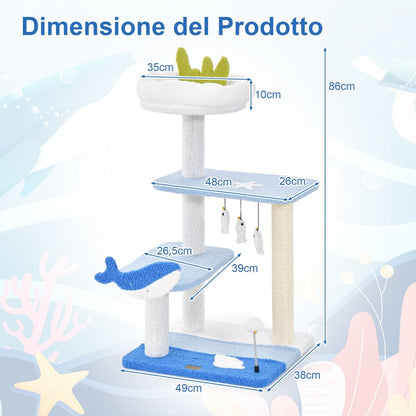 Albero per Gatti a Tema Oceanico Con Pali Tiragraffi Rivestiti in Sisal, Torre per Gatti a 3 Livelli 49X38X86Cm Blu