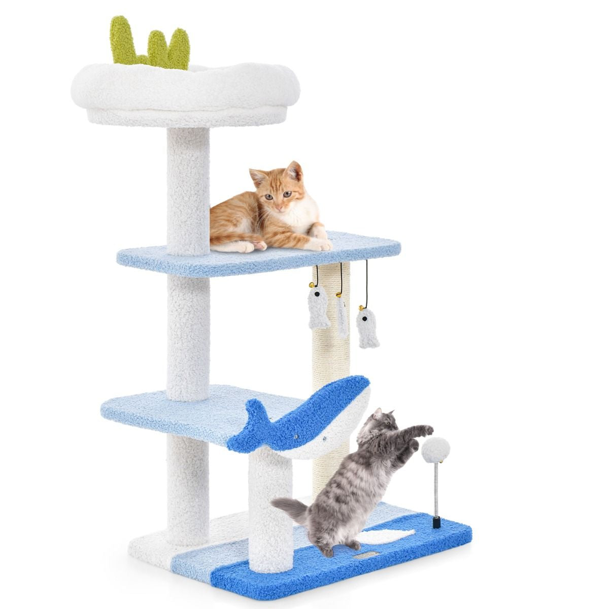 Albero per Gatti a Tema Oceanico Con Pali Tiragraffi Rivestiti in Sisal, Torre per Gatti a 3 Livelli 49X38X86Cm Blu