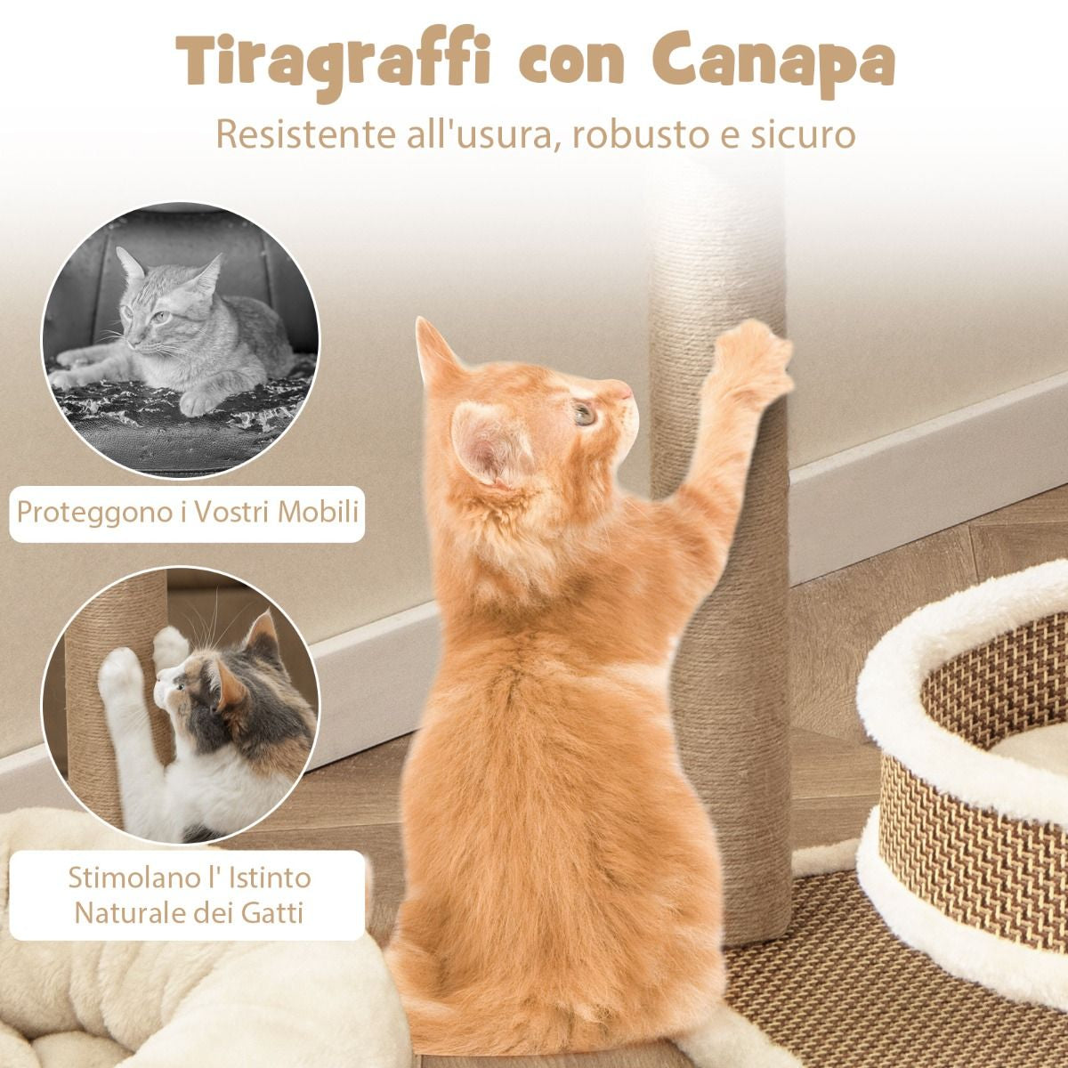 Torre per Gatti Da Interno Con Tappetino in Rattan 3 Giocattoli Pendente Pali Tiragraffi, Albero per Gatti Alto 80Cm