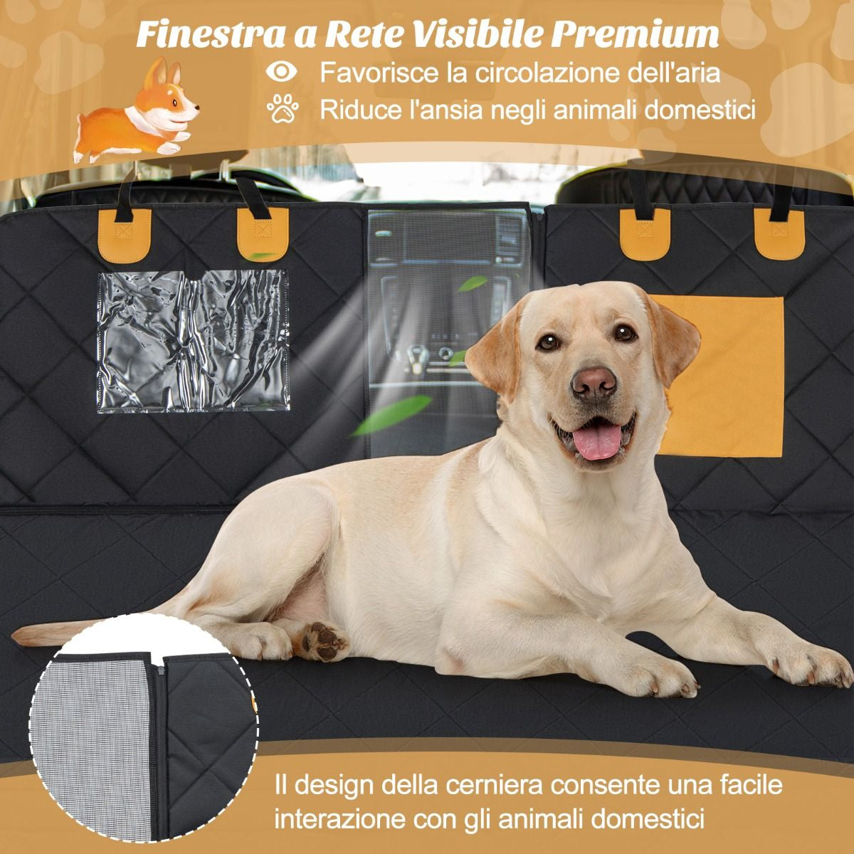 Coprisedile Auto per Cani Impermeabile E Antigraffio, Copertura Sedile Antiscivolo per Cani Con Finestre in Rete Nero