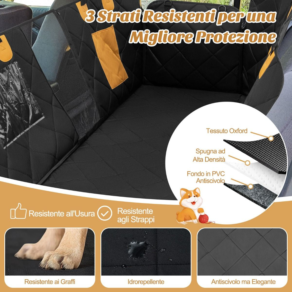 Coprisedile Auto per Cani Impermeabile E Antigraffio, Copertura Sedile Antiscivolo per Cani Con Finestre in Rete Nero